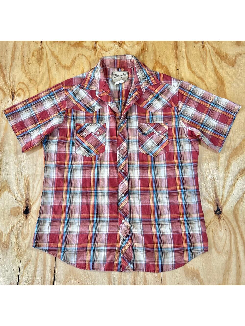 Wrangler Western Fashion Snap Shirts Plaid Short Sleeve Pearl Snap - Size L